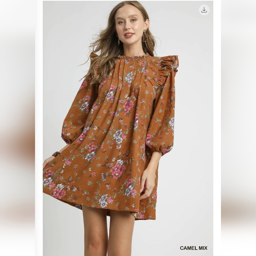 Umgee Camel Mix Floral Midi Dress